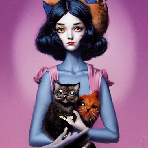 Image similar to Lofi portrait of a girl holding a cat, Pixar style by Joe Fenton and Stanley Artgerm and Tom Bagshaw and Tim Burton