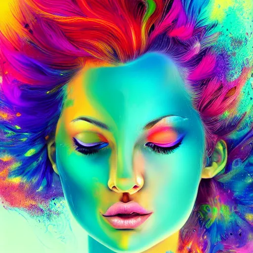 Prompt: ultra detailed digital art painting of a woman's face with colorful hair, digital art by alberto seveso, cyril rolando, behance contest winner, psychedelic art, psychedelic, fractalism, poster art
