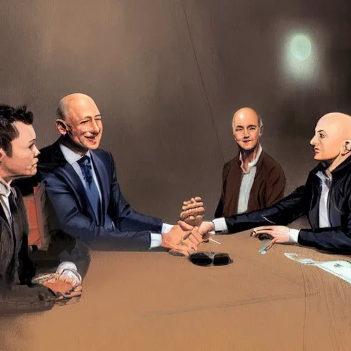 Prompt: illustration of a meeting between elon musk, mark zuckenberg, jeff bezos, very clear face, high quality, very detailled, by artgem, by david rutkowski, greg ruthowski, yoji shinkawa, ruan jia