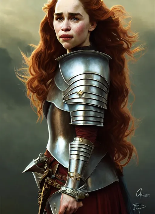 Prompt: portrait of emilia clarke as a knight, medival armor, redhead, sword, dark ages, intricate, headshot, highly detailed, digital painting, artstation, concept art, sharp focus, cinematic lighting, illustration, art by artgerm and greg rutkowski, alphonse mucha, cgsociety