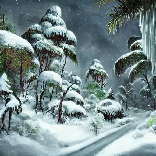 Image similar to Snowy place in the middle of the jungle, 8k, detailed, concept art, trending on artstation