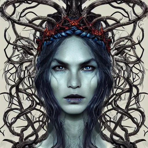 Image similar to dramatic portrait of the dark goddess of snakes, wearing a crown of thorned vines, blue skin, wrapped in snakes, realism, dark fantasy illustration, surrounded by twisting forest, dynamic lighting, detailed textures, octane render, artstation