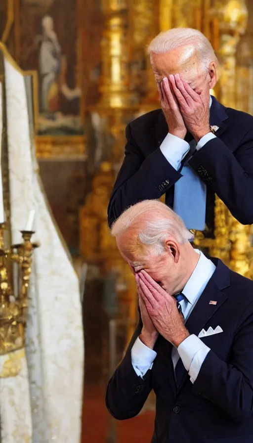 Prompt: crying biden praying in russian church