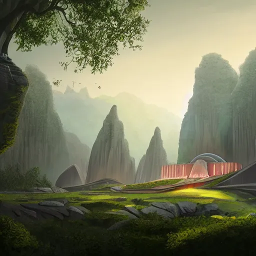 Prompt: futuristic temple between green hills with big trees, monks, shooting stars, dramatic lighting, artstation, matte painting, raphael lacoste, simon stalenhag, frank lloyd wright