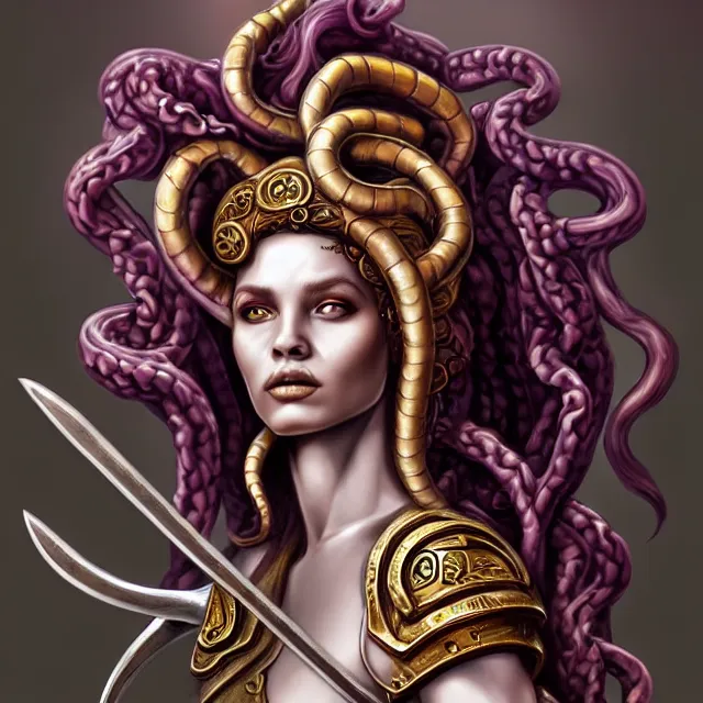 Image similar to beautiful medusa warrior, highly detailed, 8 k, hdr, award - winning, trending on artstation, anne stokes