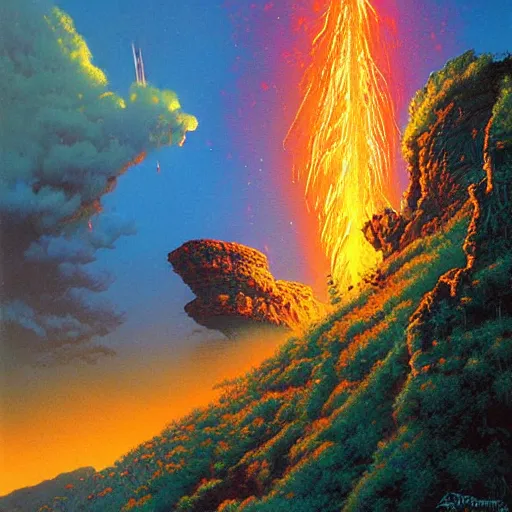 Image similar to a wide - angle beautiful painting of firefall over a high cliff. by bruce pennington, dan mumford.