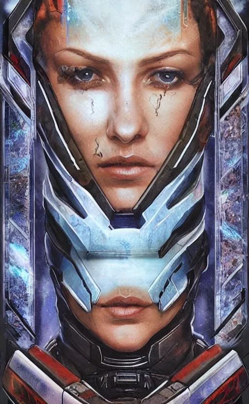 Prompt: a mass effect halo video game tarot card design with intricate details :: Sandra Chevrier and bastien lecouffe deharme