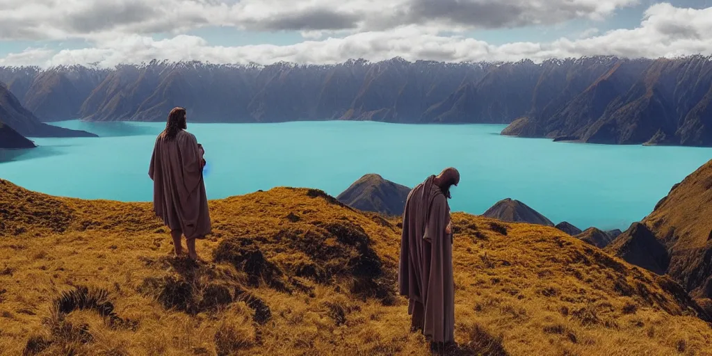 Prompt: jesus in beautiful new zealand landscape