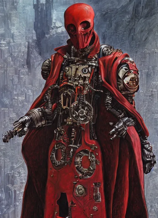 Image similar to portrait of rotten Nicolas Cage as adeptus mechanicus in red hood and robe from Warhammer 40000. Highly detailed, artstation, illustration by and John Blanche and zdislav beksinski and wayne barlowe and Gustav Klimt