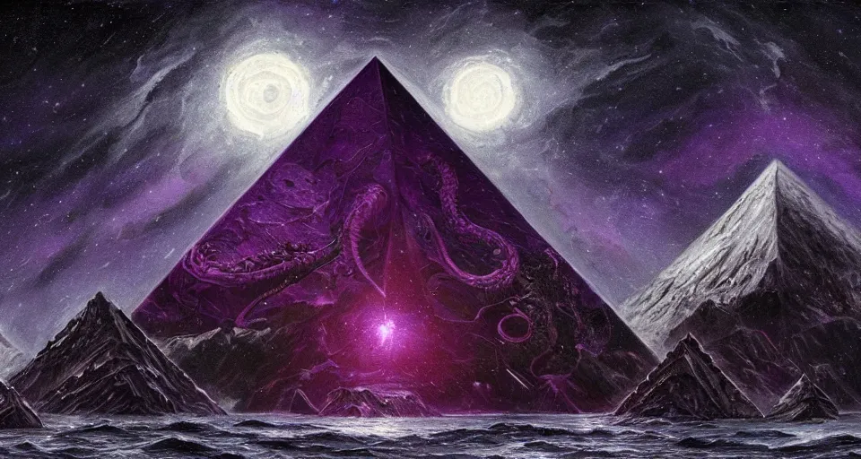 Prompt: black lovecraftian eldritch!! obsidian pyramid!! on a snowy island surrounded by still calm seas, with purple cosmic space in the background by eugene von guerard, ivan shishkin, cosmic space, concept art, trending on artstation, 8 k