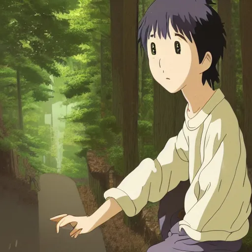 Prompt: guy and a friendly creature in the spirited away style, 4k art, high detail, smooth, anime beautiful peace scene, detailed face, studio ghibli, sharp focus high quality, fantasy, forest, detailed, wonderful, sky,