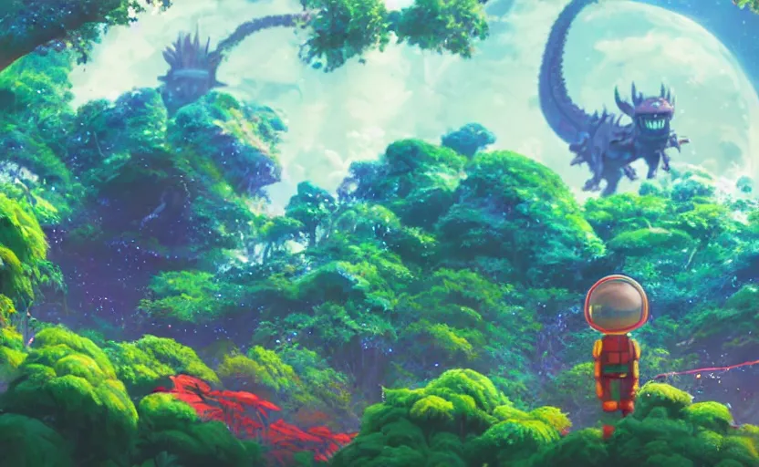 Image similar to a still of a cute adorable tiny astronaut, on a planet of lush colorful foliage, with an enormous kaiju dragon surrounding the full background, magical forest, sharp focus, neon backlit, highly detailed, disney pixar studio ghibli makoto shinkai, digital painting, matte, octane render, global illumination, iridescent, anime, 8 k concept art