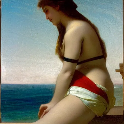 Prompt: A girl on the front of a Balustrade with costa blanca beach on the background by paul delaroche