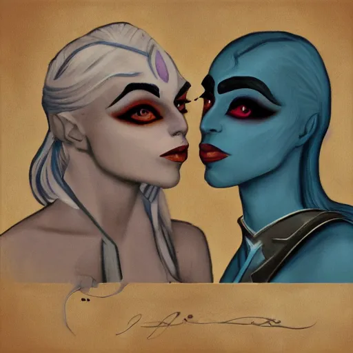 Prompt: a scene of two identical beautiful female drow rogues face to face, full of detail