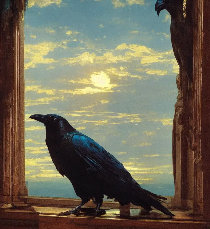 Image similar to a beautifully photoreal clear detailed victorian portrait of a close up raven on a victorian windowsill with an ornate velvet dark teal curtain at beautiful sunset daytime nature sunlit painting by frederic leighton and turner and rosetti, 8 k, octane render