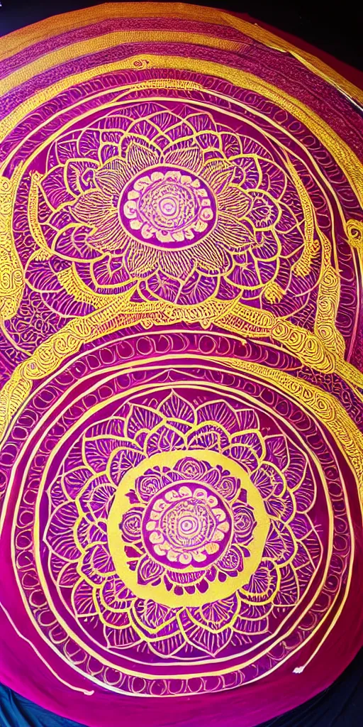 Image similar to a very intricate huge lotus mandala half painted on silk, shot by 5 0 mm f 2