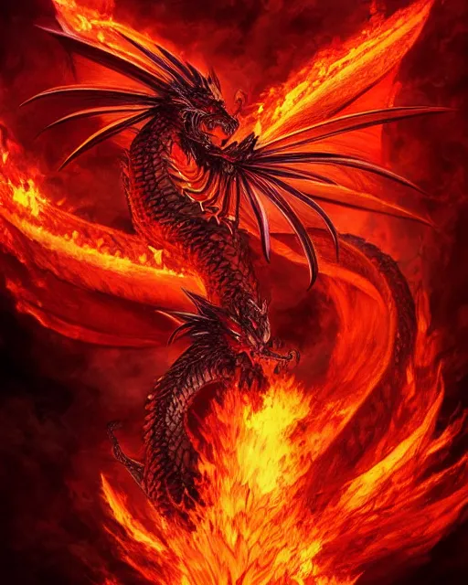 Prompt: A red dragon with phoenix tail flying while breathing out a massive fire, epic, highly detailed, close-up, fantasy art, dragon art, in the style of masami kurumada, illustration, epic, fantasy, intricate, hyper detailed, artstation, concept art, smooth, sharp focus, ray tracing