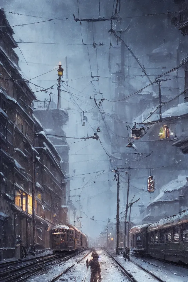 Prompt: highly detailed painting of dieselpunk stockholm, winter, snow, tram on rail tracks, dystopia, by greg rutkowski, by raphael lacoste, 4 k resolution, trending on artstation