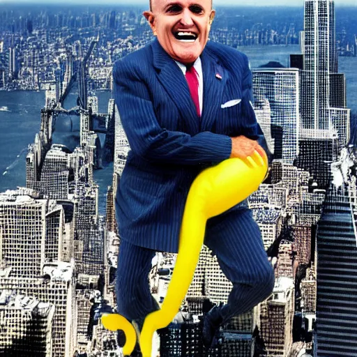 Image similar to a hyper detailed realistic color photograph of Rudy Giuliani laughing maniacally wearing a yellow speedo squatting acting sensually and acting inappropriately on top of the world trade center rubble pile