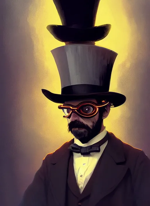 Image similar to highly detailed portrait of jack the ripper wearing goggles and a top hat, stephen bliss, unreal engine, greg rutkowski, loish, rhads, beeple, makoto shinkai and lois van baarle, ilya kuvshinov, rossdraws, tom bagshaw, tom whalen, alphonse mucha, global illumination, god rays, detailed and intricate environment