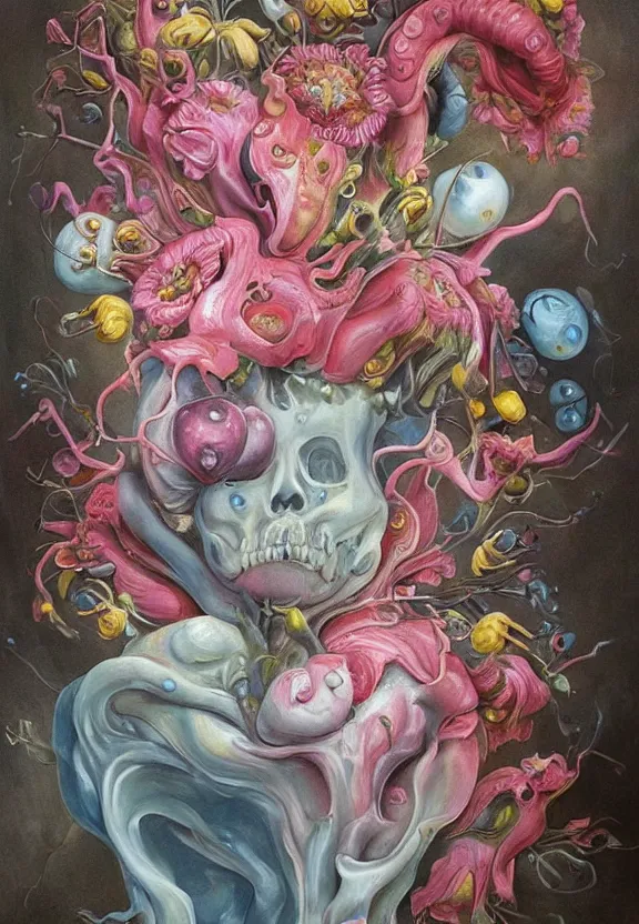 Prompt: a biomorphic painting of a vase with flowers and eyeballs, a surrealist painting by marco mazzoni, by dorothea tanning, pastel blues and pinks, lips, melting, plastic, skull, bees, trending on artstation, metaphysical painting, oil on canvas, fluid acrylic pour art, airbrush art, seapunk, rococo, lovecraftian