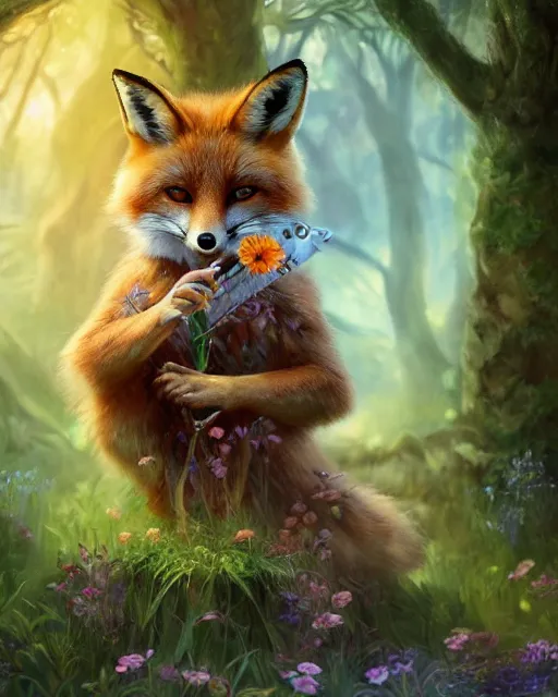 Image similar to Fox playing Flute in magical forest, portrait, wearing hat, magical notes, flowers, flower dress, birds, fairy atmosphere, magic the gathering artwork, D&D, fantasy, cinematic lighting, centered, symmetrical, highly detailed, digital painting, artstation, concept art, smooth, sharp focus, illustration, volumetric lighting, epic Composition, 8k, art by Akihiko Yoshida and Greg Rutkowski and Craig Mullins, oil painting, cgsociety