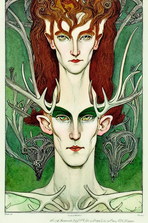 Image similar to a detailed portrait of an attractive elf man with red hair and green eyes in the center of an ornate antler frame, art by kay nielsen and walter crane, illustration style, watercolor