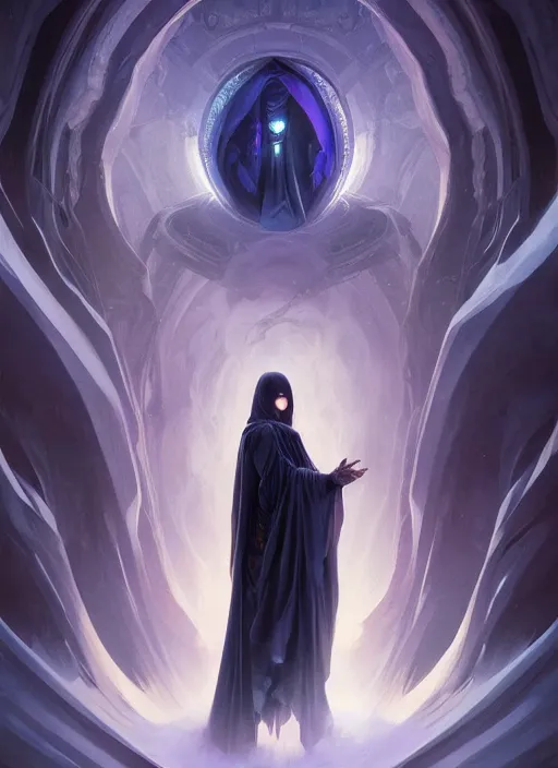 Prompt: dark hooded wraith, standing in front of hyper dimension portal into another realm, epic surrealism 8k oil painting, DeviantArt, concept art, smooth, sharp focus, illustration, fine art by artgerm, greg rutkowski, alphonse mucha