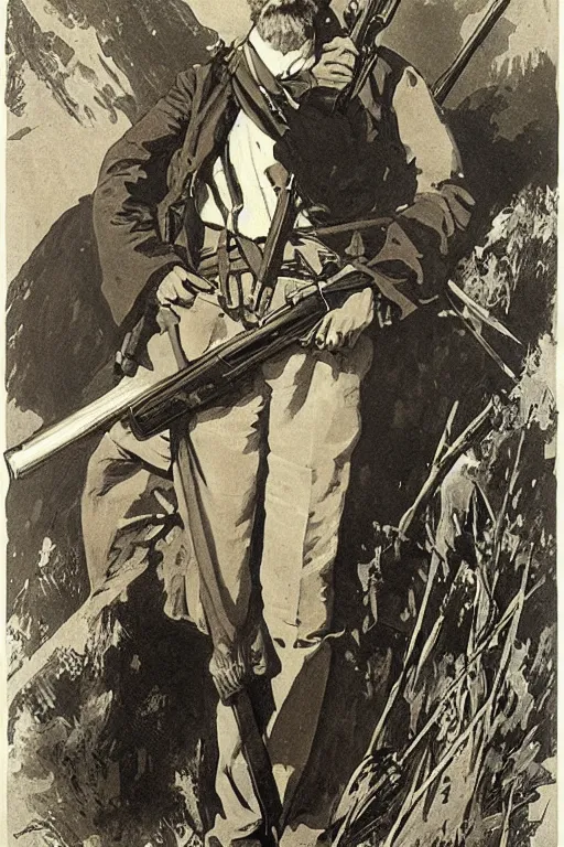 Image similar to portrait of John Brown holding a rifle, lithograph by Alphonse Mucha