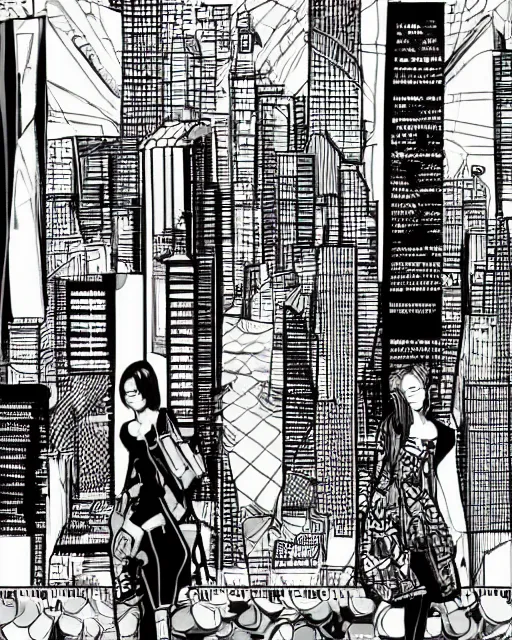 Prompt: cypherpunk fashion illustration, camera face, black and white, manga, city street background with high tall buildings, central park, abstract landscape, highly detailed, finely detailed