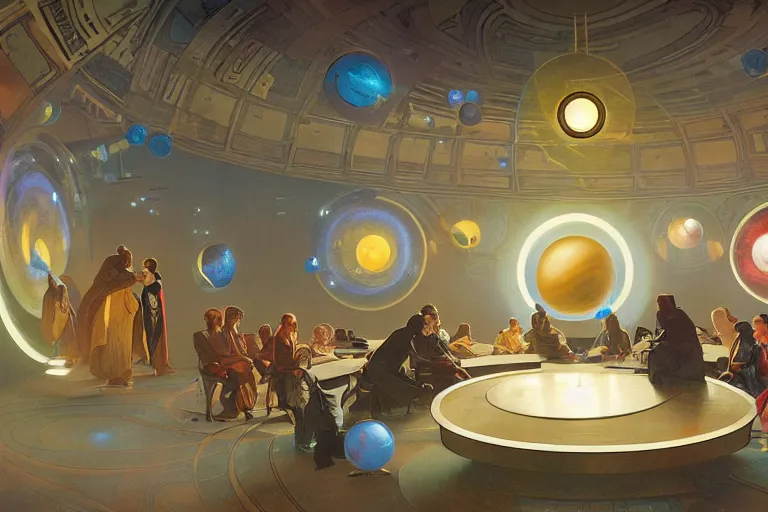 Prompt: circular meeting room with bright holodesk in the center showing levitating planets of a solar system, people discussing, contrasted light, clair obsure by greg rutkowski, alphonse mucha, muted colors