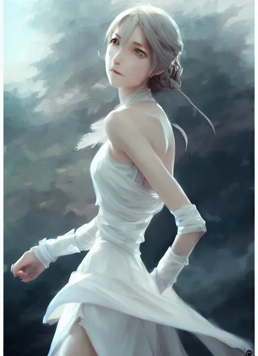 Image similar to a girl with elegant white dress, digital art by krenz cushart, laurie greasly, wlop, artgerm, intricate, ( highly detailed figure ), sharp focus, smooth, epic composition, joyful, unreal engine