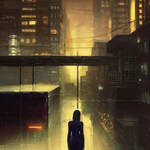 Prompt: girl and cat on a roof, moment, cyberpunk elevated train, electronic billboards, tech noir, wet reflections, atmospheric, ambient, livia prima, greg rutkowski, edward hopper, pj crook