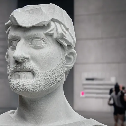 Image similar to a photography of a marble statue of steeve from minecraft at the louvres museum, f 2. 0, 4 k