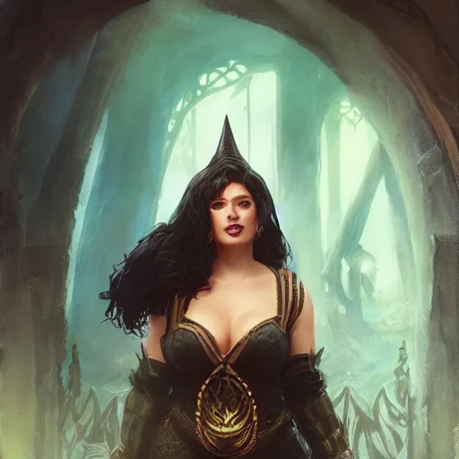 Prompt: a villainous, bewitching sorceress, auburn outfit, black hair, curvy crossfit build, fantasy character portrait by greg rutkowski, gaston bussiere, larry elmore