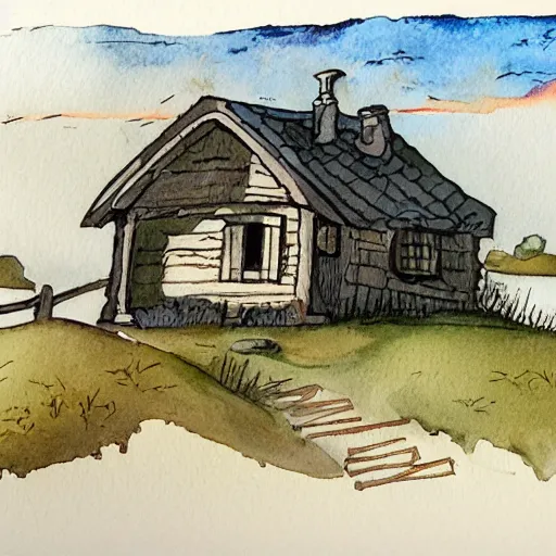 Image similar to a watercolor and ink painting of a cottage, drawn on white parchment paper, vibe, atmosphere, detailed, muted colors, by greg rutowski and ryan berkley