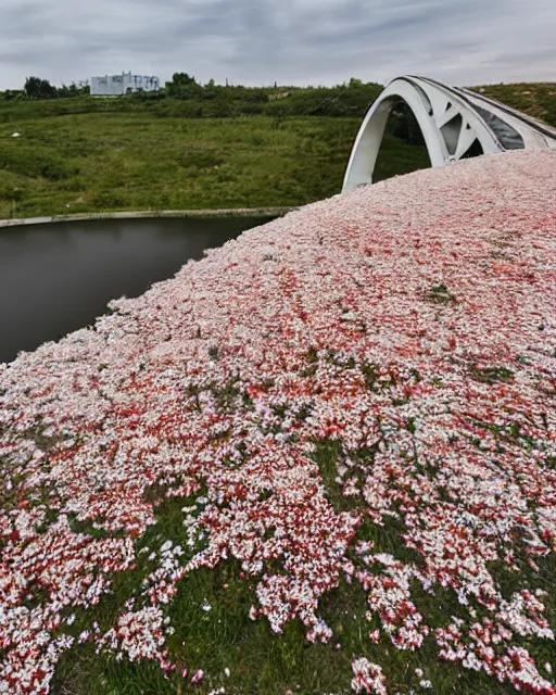 Image similar to explosion in a form of dry cotton flowers over the kerch bridge, wide lens