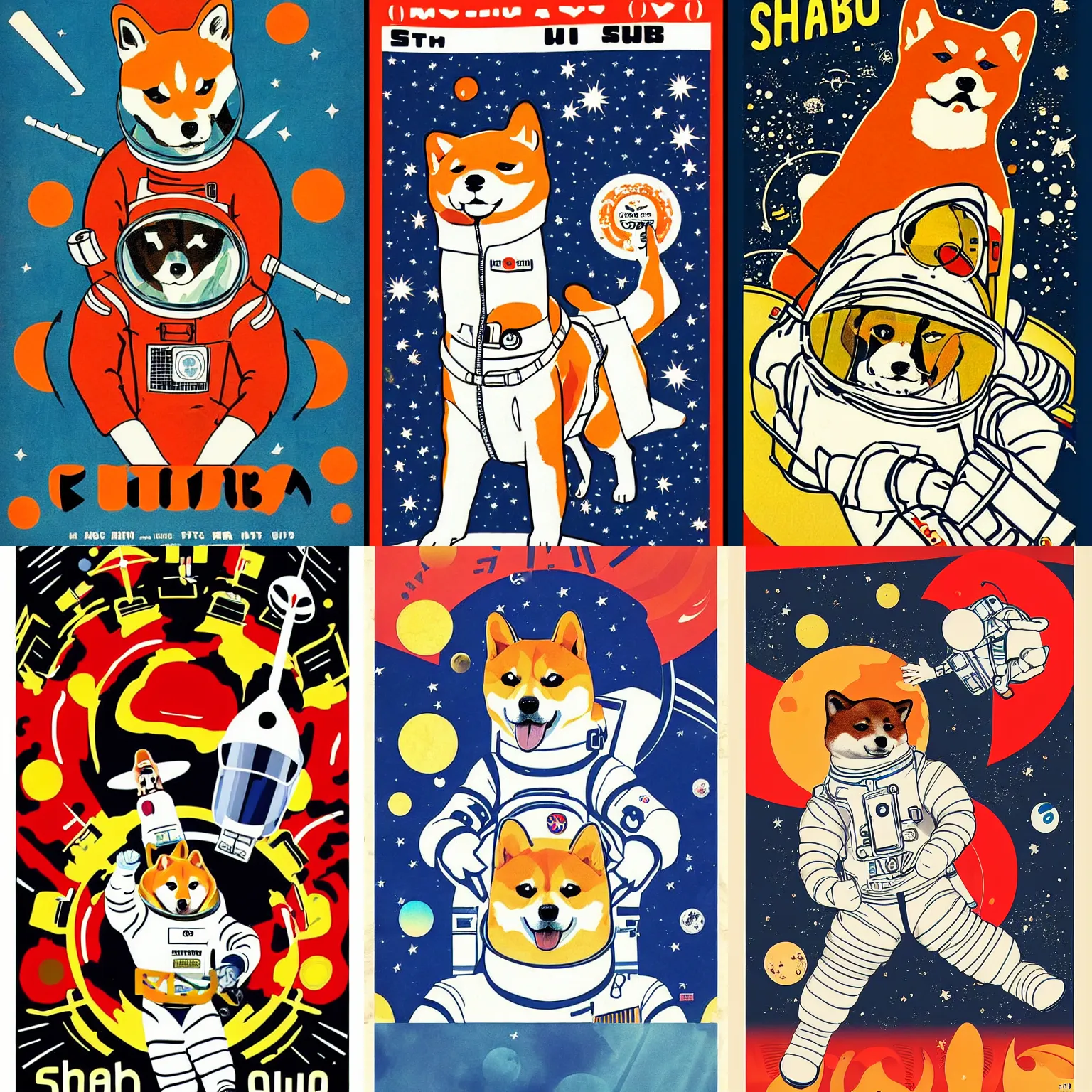 Image similar to Shiba Inu cosmonaut, 60s poster, in the style of a music poster 1968