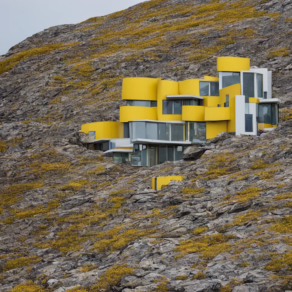 Image similar to a mid-century modern house on top of a cliff in the arctic, designed by Frank Gehry, with a long pathway toward it. Big tiles. Film grain, cinematic, yellow hue