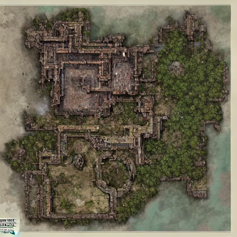 Prompt: full - color fantasy floor plan map of a ruined temple, by greg rutkowski and james gurney, trending on artstation
