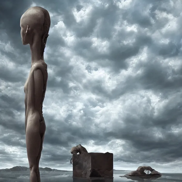 Image similar to hyperrealistic random objects in a surreal minimalistic dreamscape environment by salvador dali, enormous melting mannequin head statue, highly detailed, 3 d render, beautiful clouds, octane, beautiful lighting, photorealistic, intricate, elegant, wayne barlowe, water, mirrors, doorway, beautiful, masterpiece, trending on artstation, artgerm, checkered floor