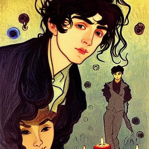 Image similar to painting of young cute handsome beautiful dark medium wavy hair man in his 2 0 s named shadow taehyung and cute handsome beautiful min - jun together at the halloween! party, bubbling cauldron!, candles!, smoke, autumn! colors, elegant, wearing suits!, clothes!, delicate facial features, art by alphonse mucha, vincent van gogh, egon schiele