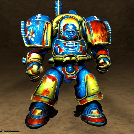 Image similar to fisher price warhammer space marine armor dynamic pose deviantart 4 k high detailed