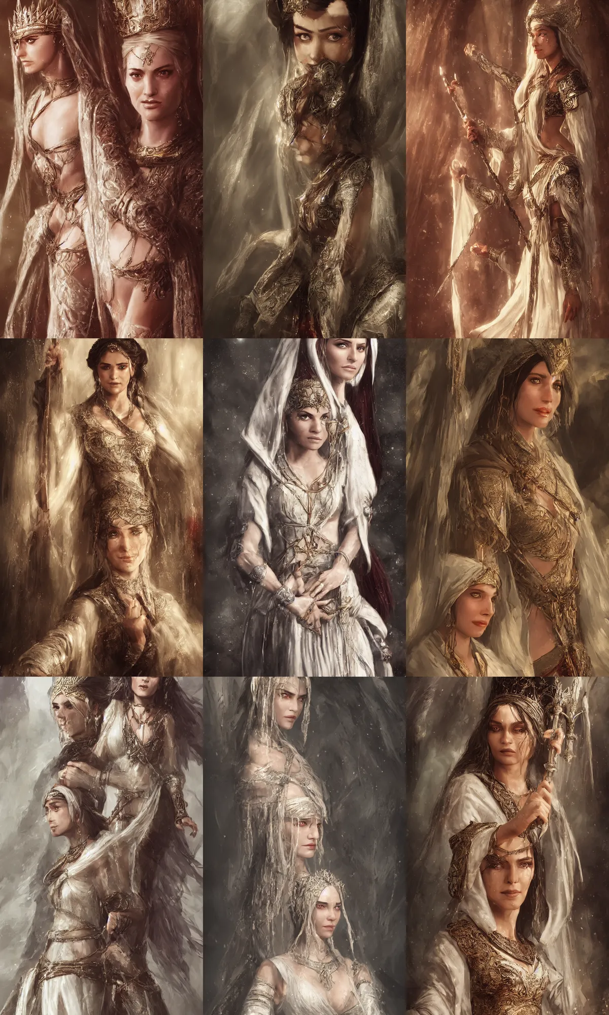 Prompt: The actress Anya Charlotra from The Witcher as an Princess in the Persian Empire, very detailed, long flowing white robe, portrait photography, high quality, photorealism, trending on artstation,