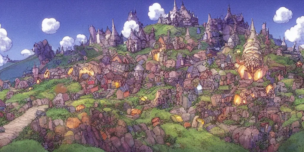 Image similar to a still from howl's moving castle of hobbiton, studio ghibli