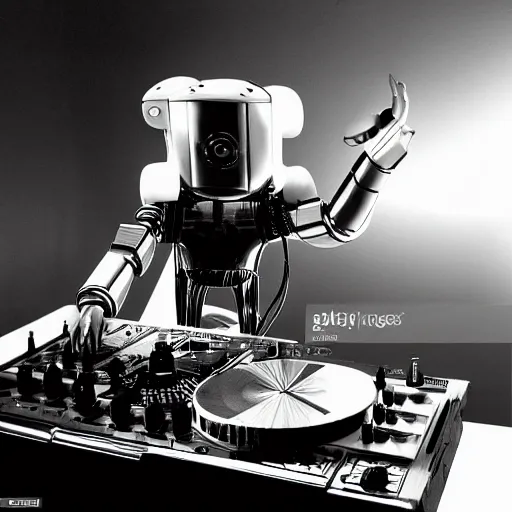 Image similar to futuristic atompunk robot dj at a techno music club, soviet style