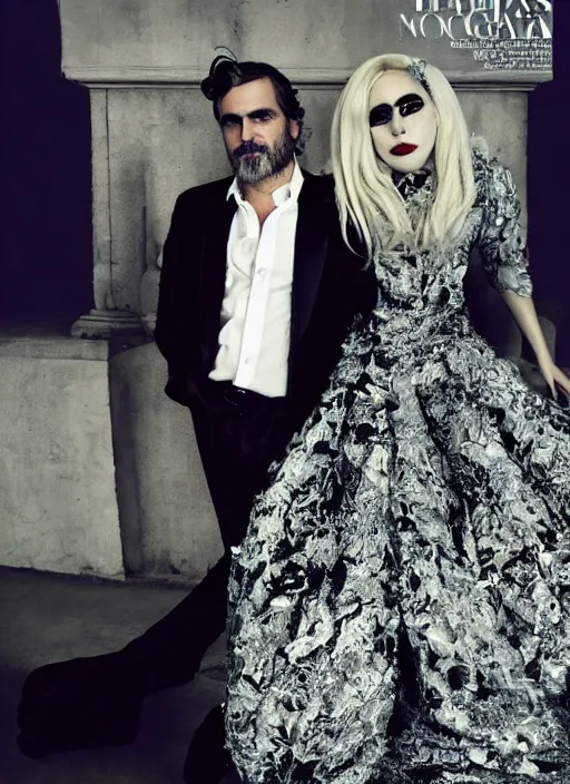 Image similar to lady gaga and joaquin phoenix styled by nick knight posing, full body shot, set pieces, intricate set, vogue magazine, canon, highly realistic. high resolution. highly detailed. dramatic. 8 k. 4 k.