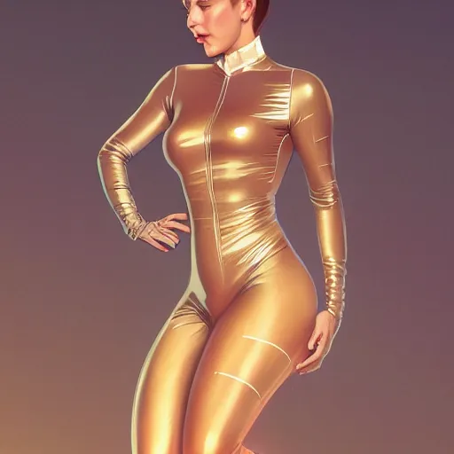 Prompt: full body portrait of addison rae wearing a skintight suit, large thighs, intricate, elegant, highly detailed, digital painting, artstation, smooth, sharp focus, illustration, art by artgerm and greg rutkowski and alphonse mucha, 8 k