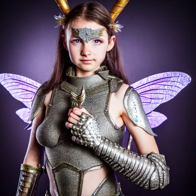 Image similar to full body photo of a fairy warrior wearing sparkly armour, highly detailed, 4 k, hdr, smooth, sharp focus, high resolution, award - winning photo