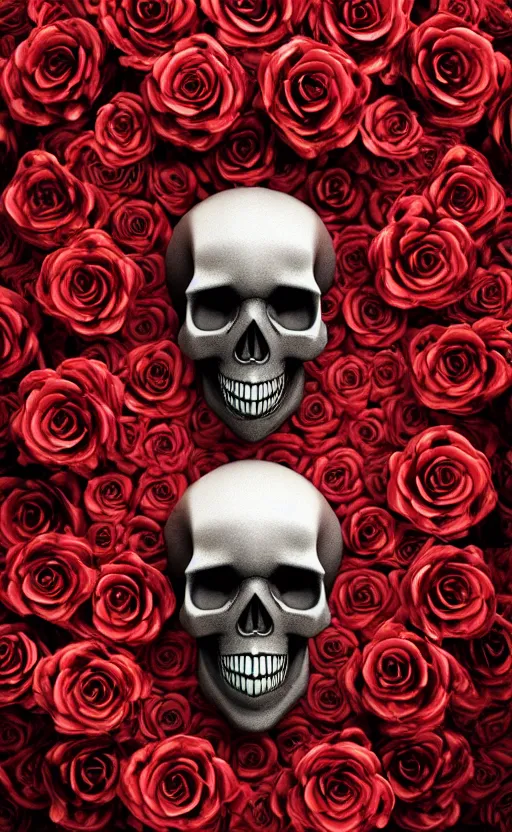 Image similar to skull made of red roses, organic horror, devil, death, giger, epic, baroque, art nouveau, james jean, photorealistic render, 3 ds max, v - ray, extremely detailed and intricate, center composition, elegant, vfx, unreal engine 5, octane render, extremely contrast, extremely sharp lines